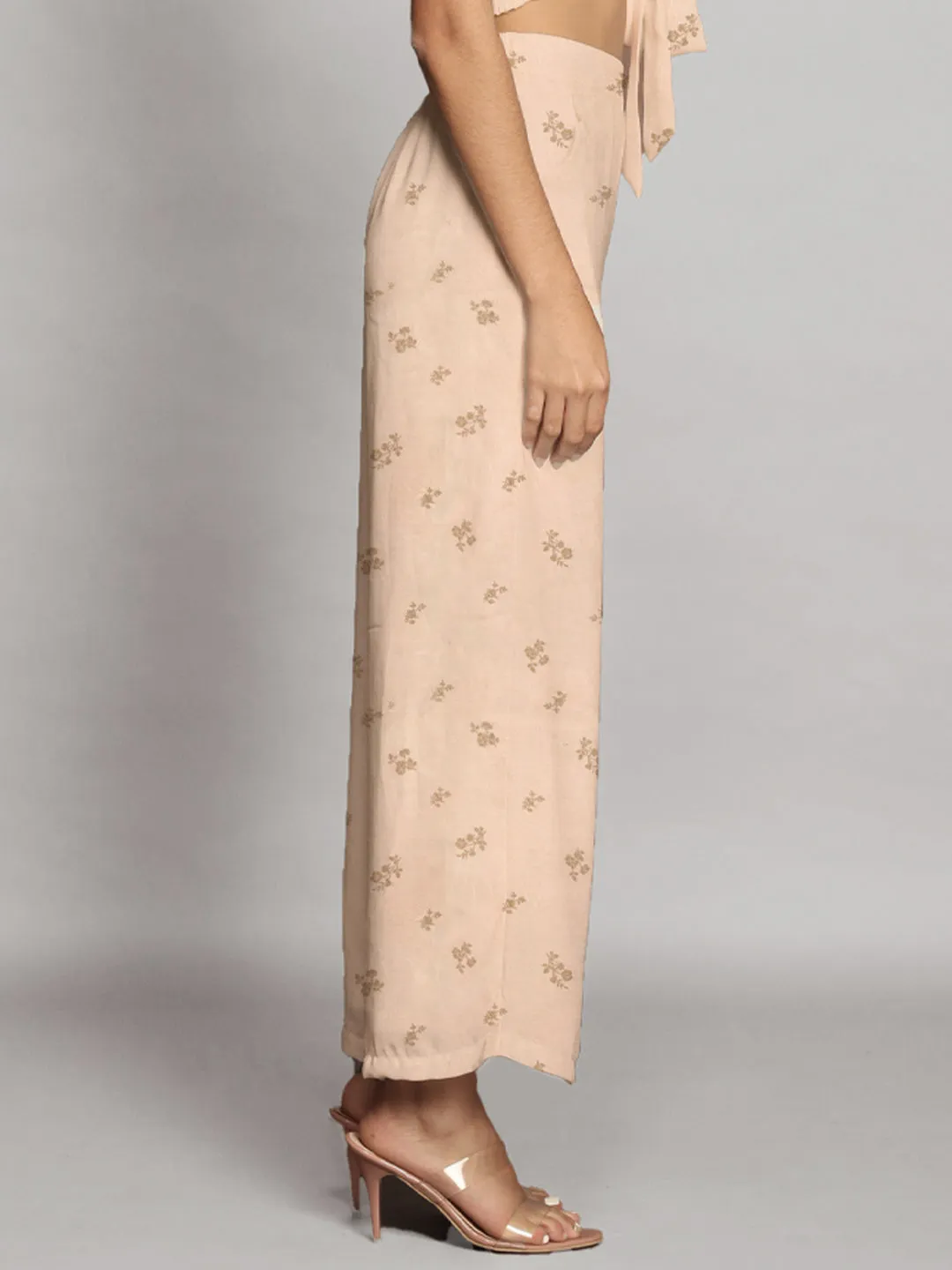 Beige Floral Print Straight Palazzo
