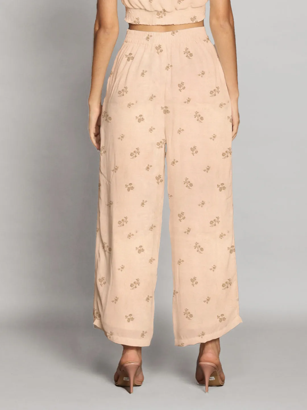 Beige Floral Print Straight Palazzo