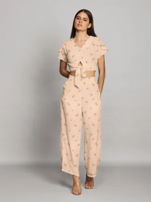 Beige Floral Print Straight Palazzo