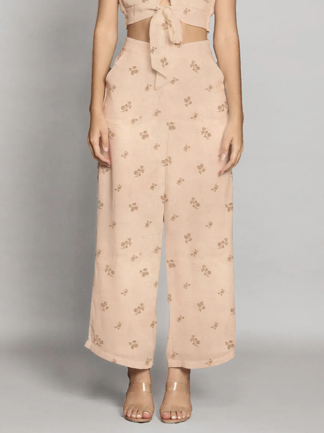 Beige Floral Print Straight Palazzo