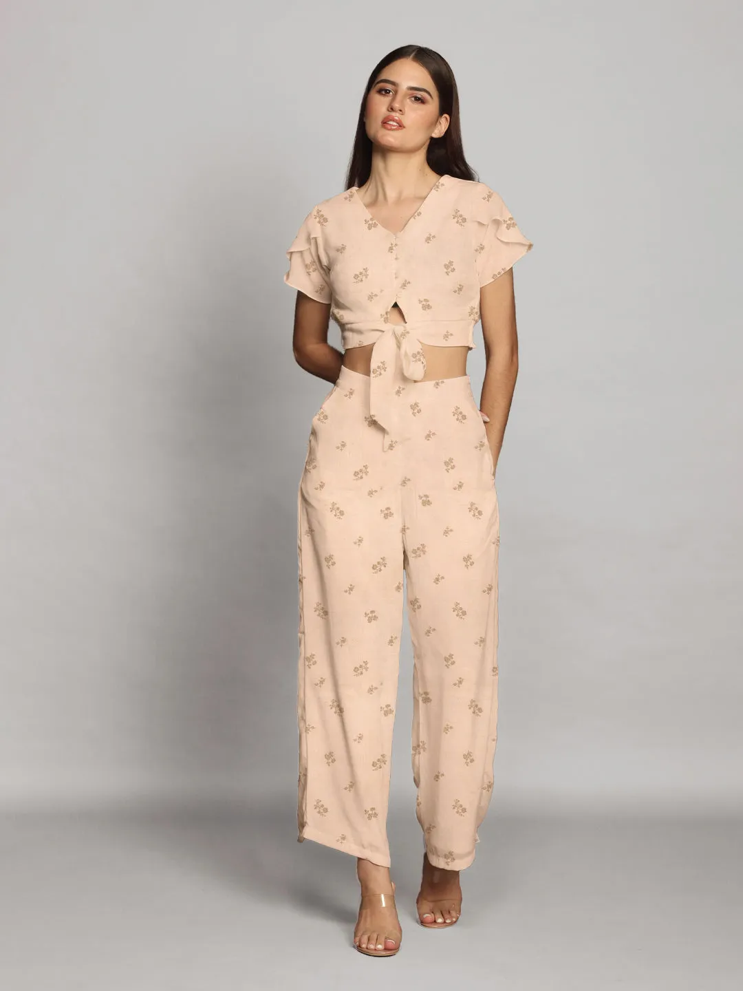 Beige Floral Print Straight Palazzo