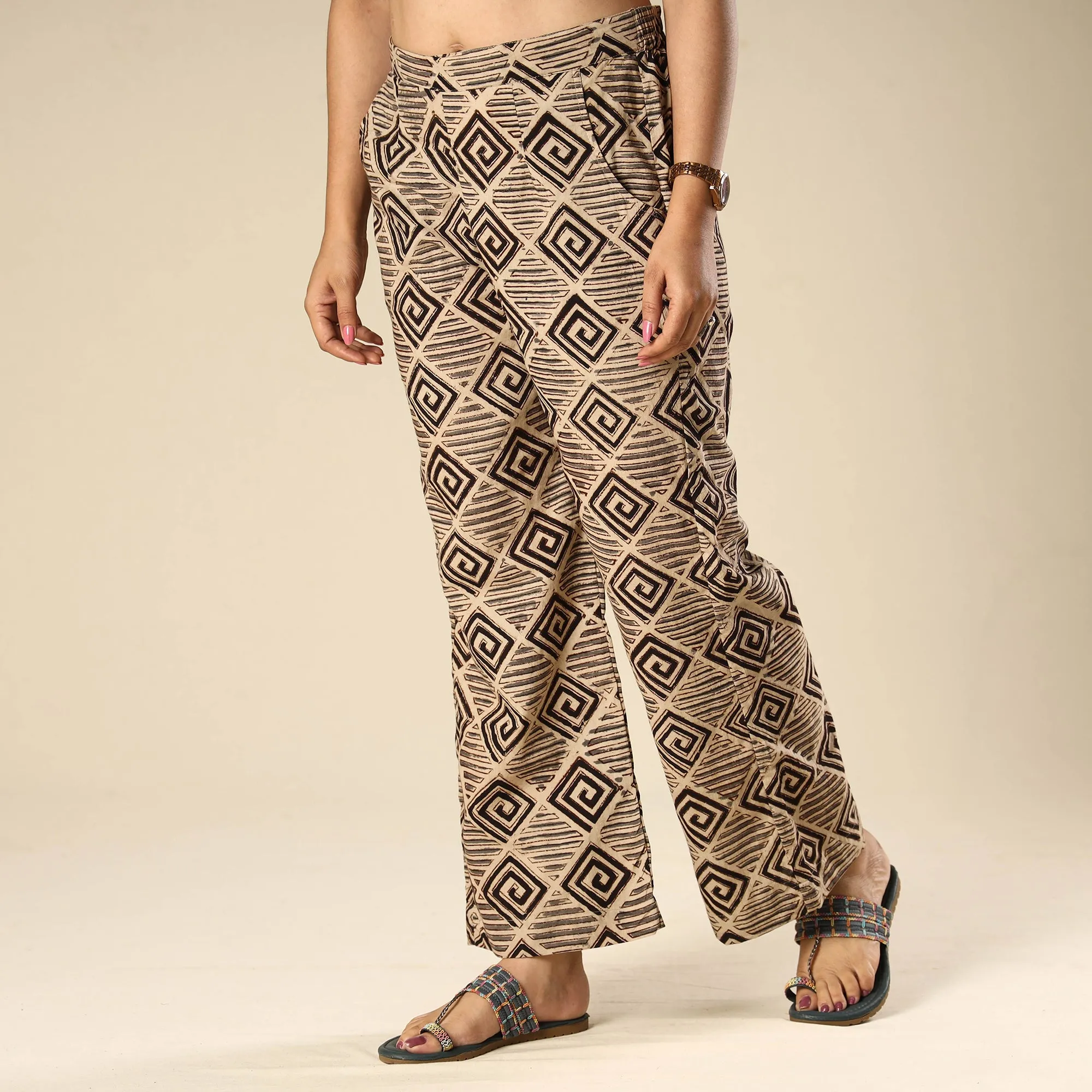 Beige - Kalamkari Block Printed Cotton Elasticated Palazzo