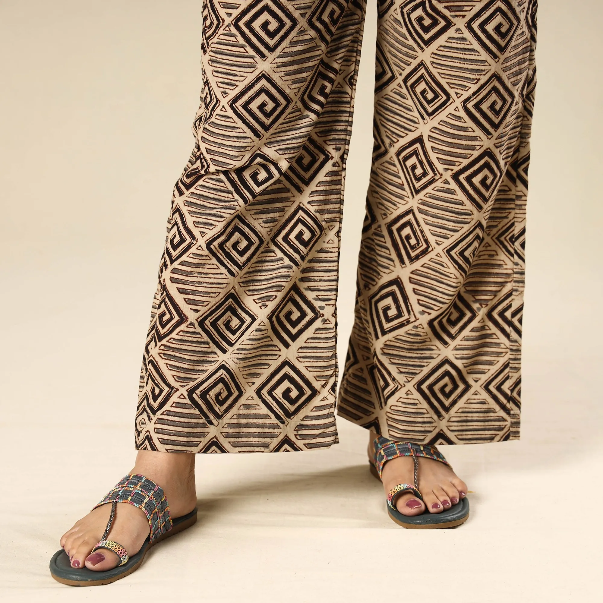 Beige - Kalamkari Block Printed Cotton Elasticated Palazzo