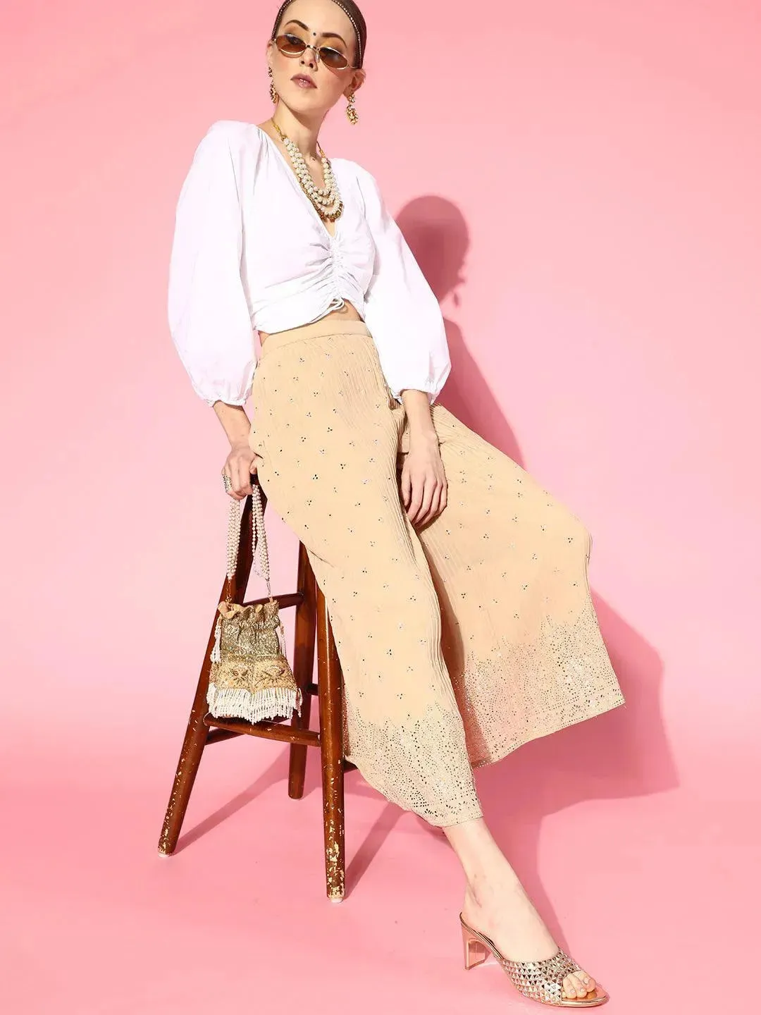 Beige Printed Georgette Palazzos