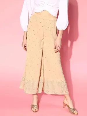 Beige Printed Georgette Palazzos
