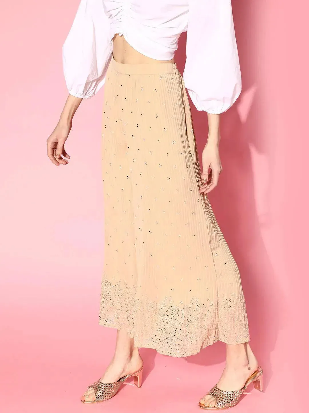 Beige Printed Georgette Palazzos
