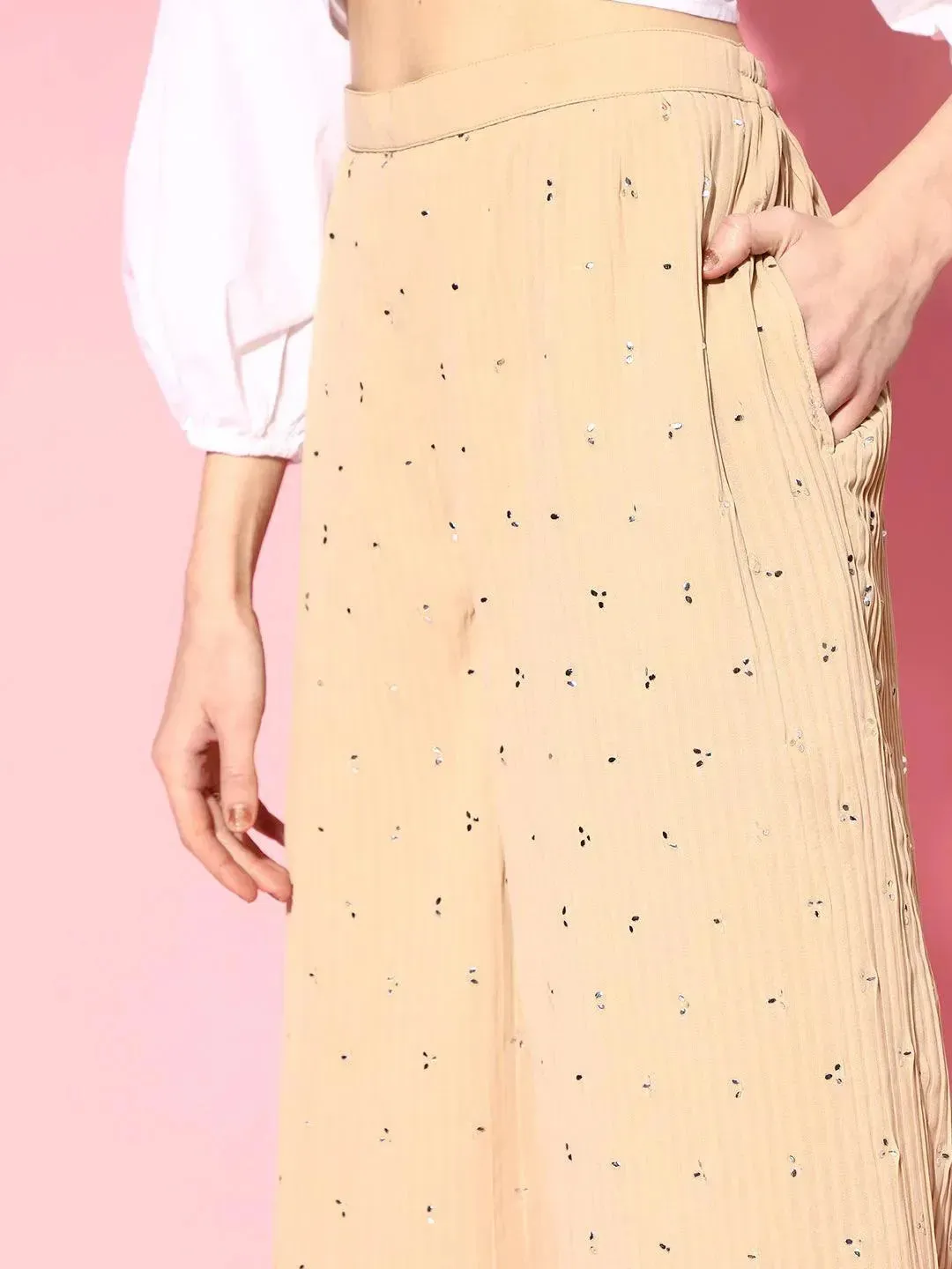 Beige Printed Georgette Palazzos