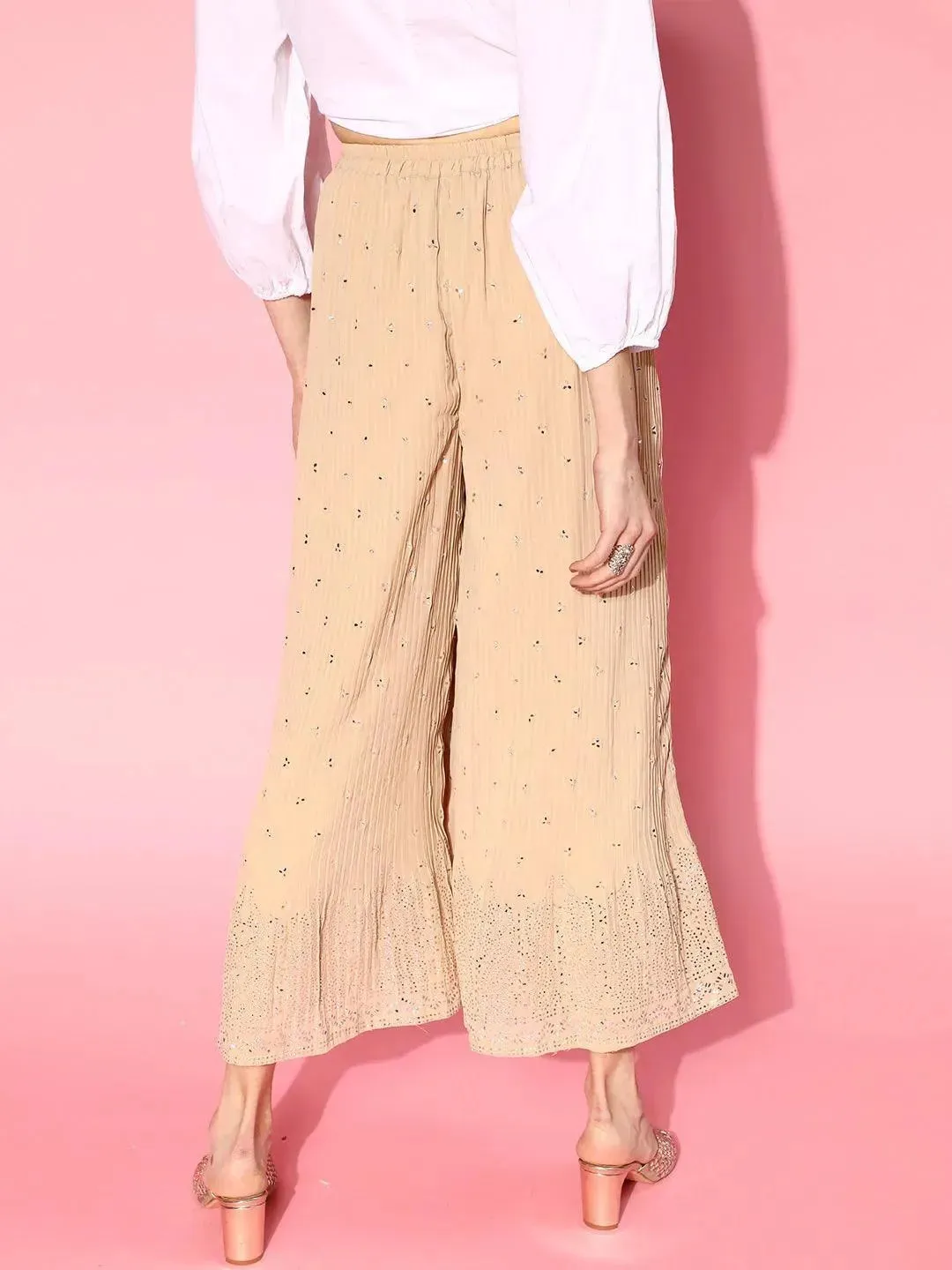 Beige Printed Georgette Palazzos