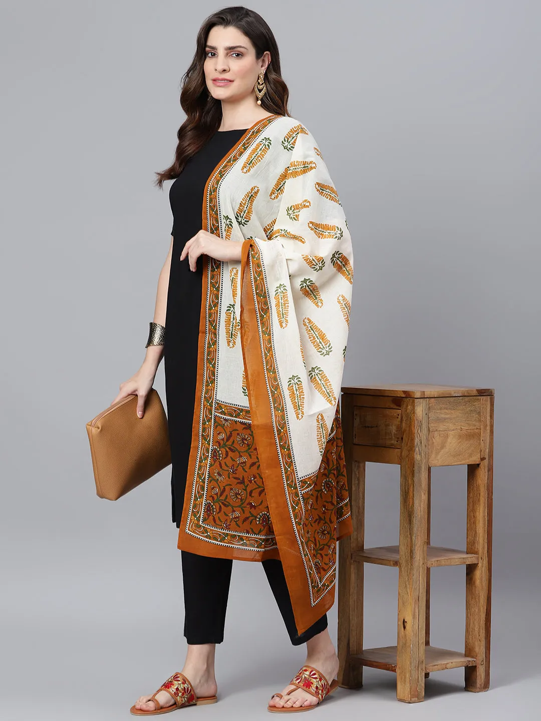 Black A-line Kurta With Palazzo Pants And Printed Dupatta