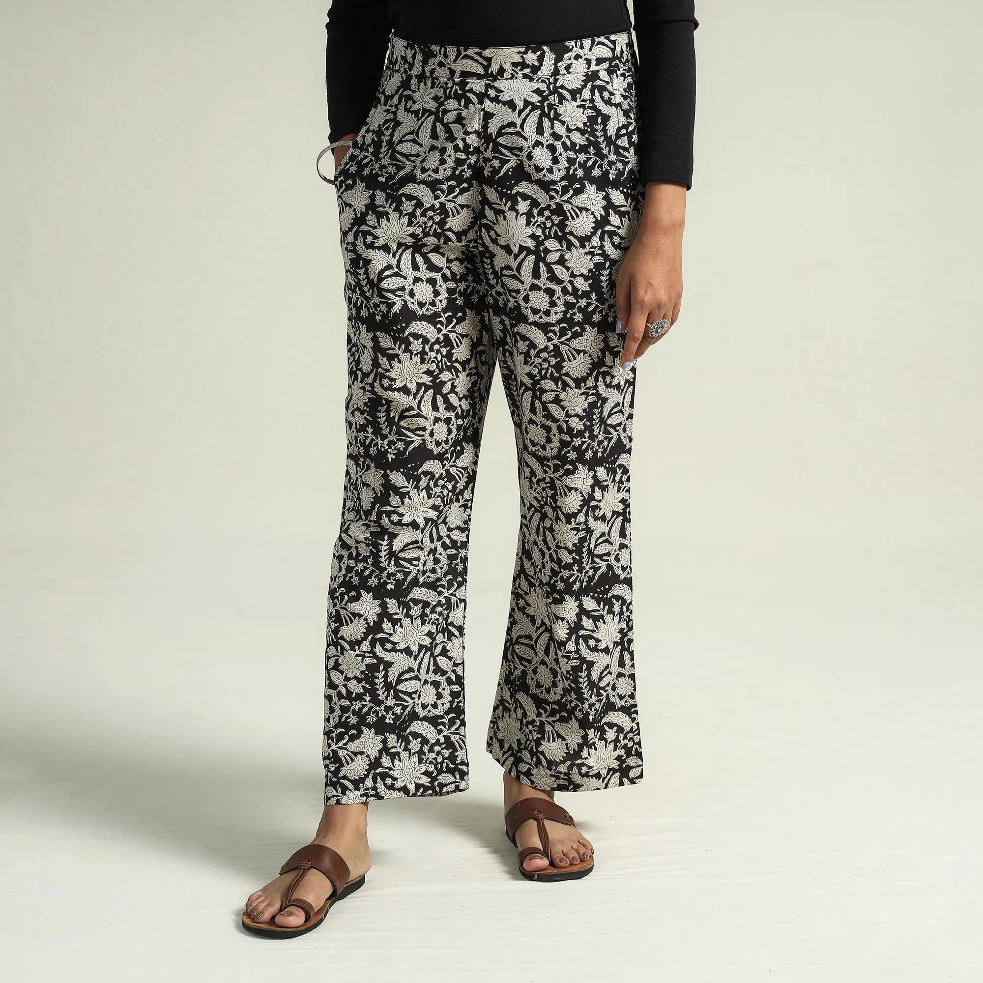 Black - Bagru Block Printed Cotton Elasticated Palazzo