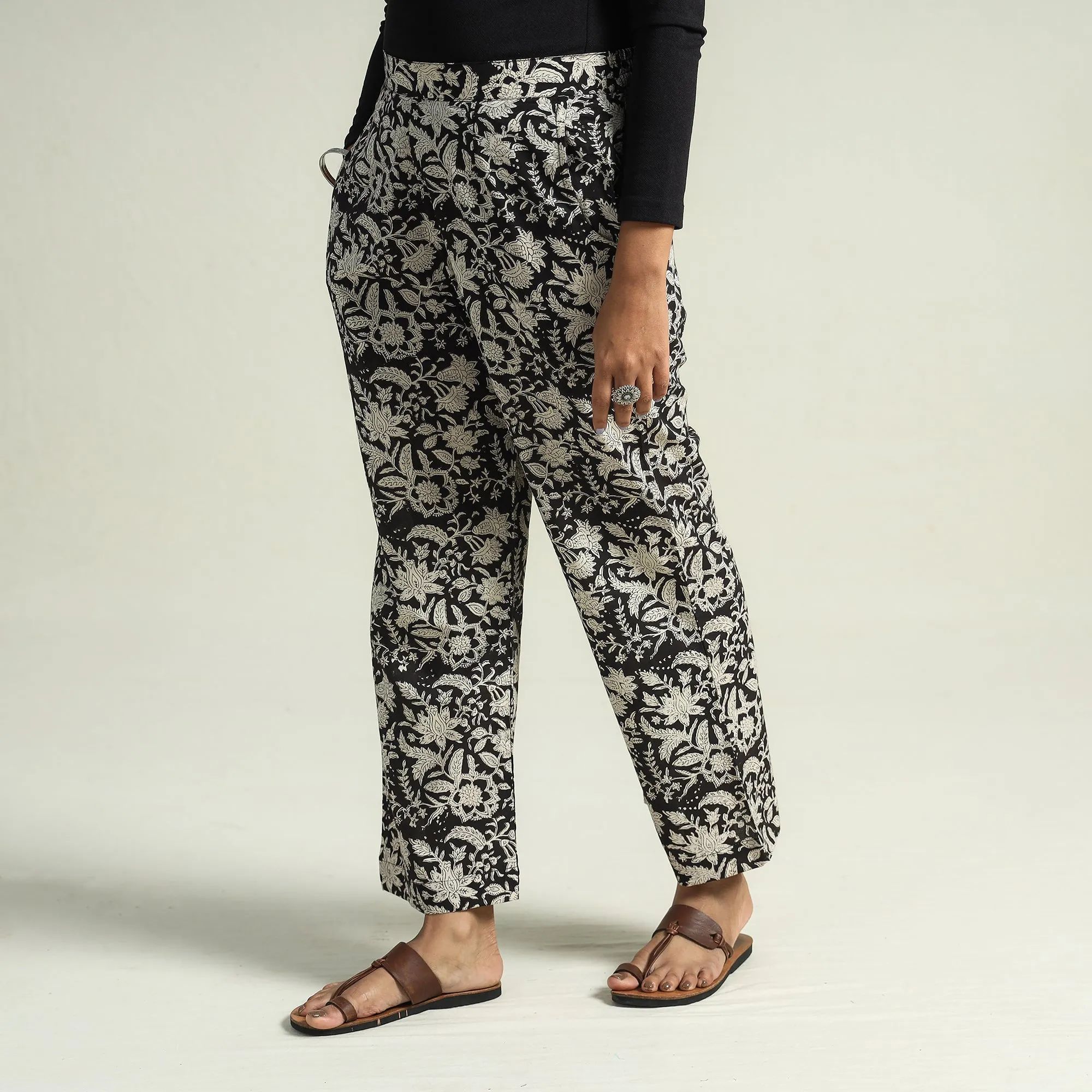Black - Bagru Block Printed Cotton Elasticated Palazzo