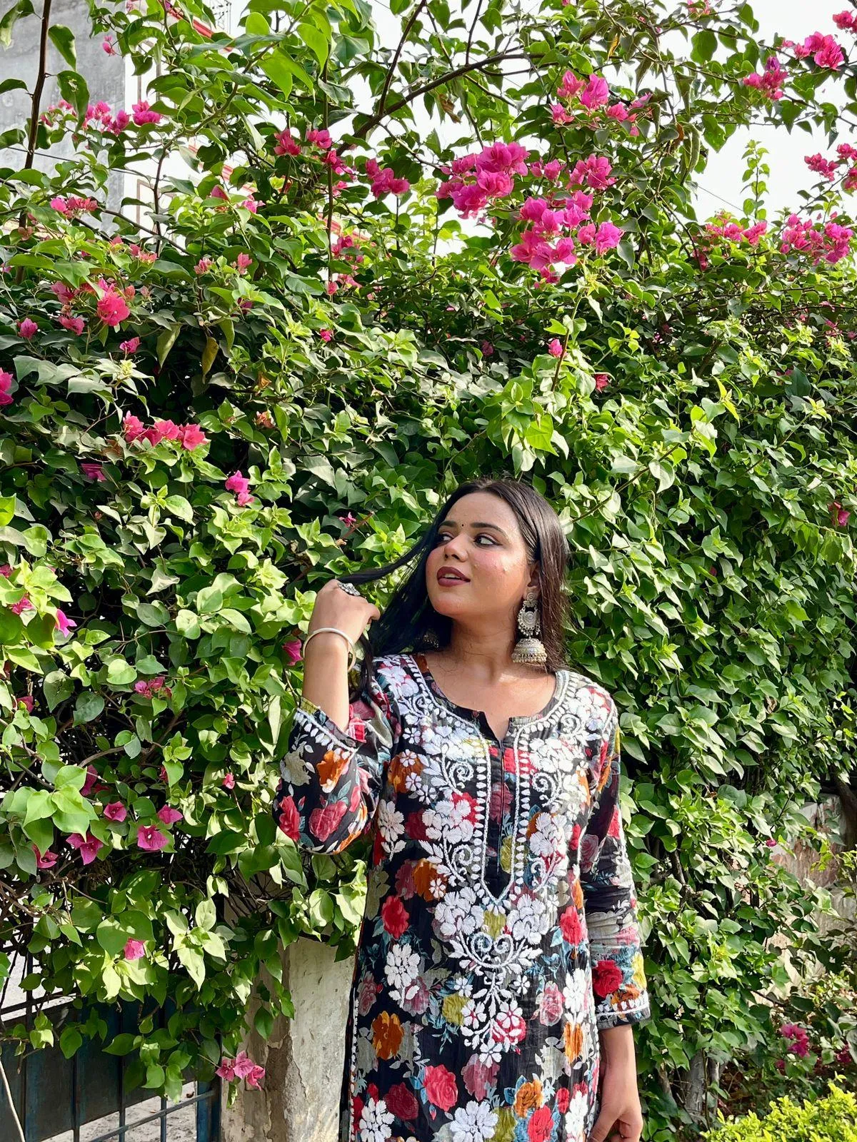 Black Floral Printed Mulmul Chikankari Palazzo Set