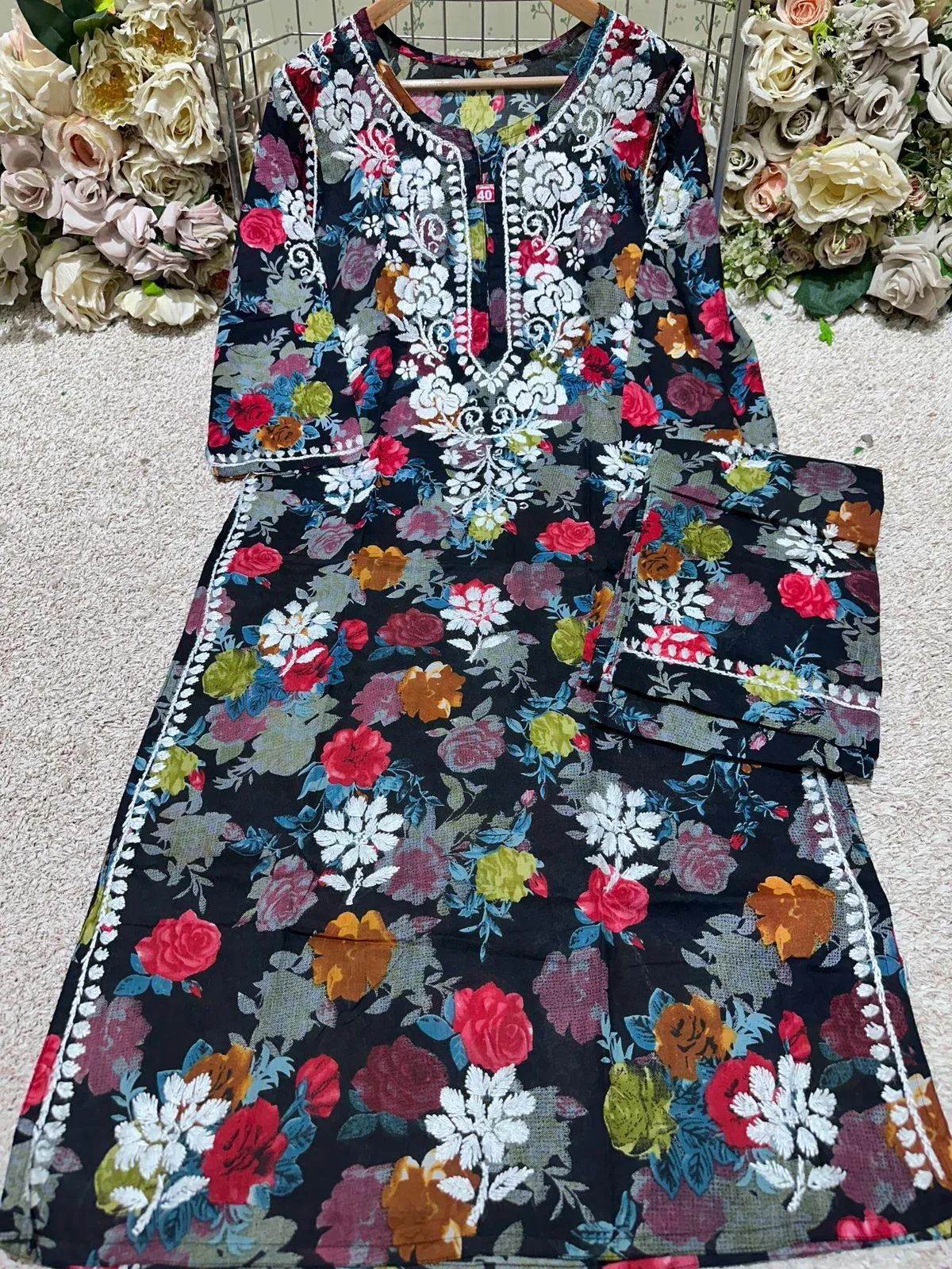 Black Floral Printed Mulmul Chikankari Palazzo Set