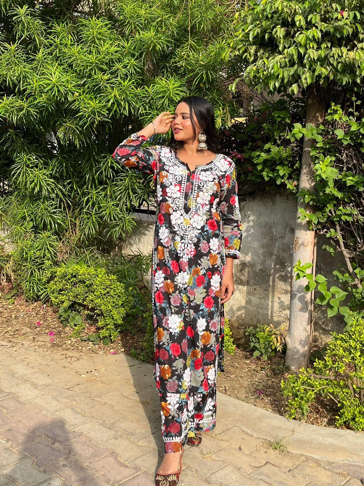 Black Floral Printed Mulmul Chikankari Palazzo Set