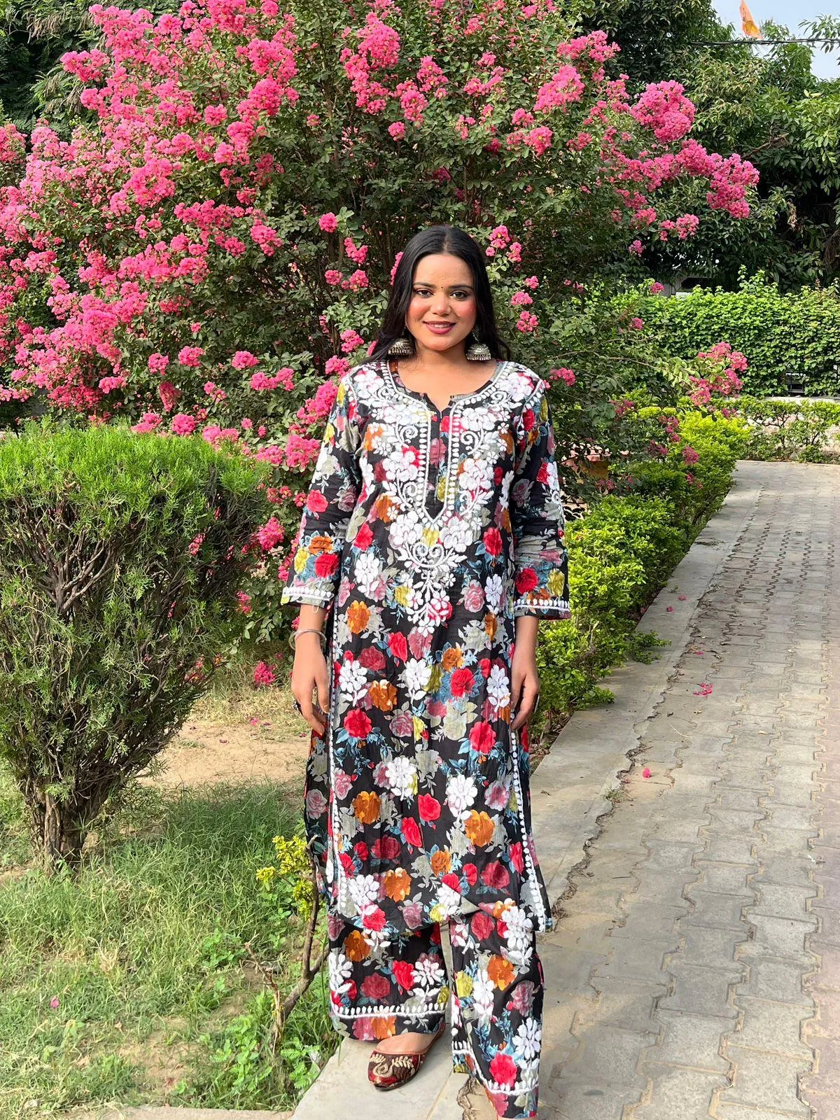 Black Floral Printed Mulmul Chikankari Palazzo Set