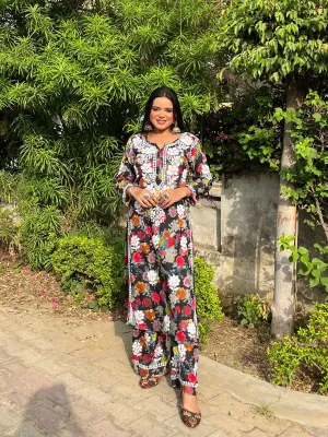 Black Floral Printed Mulmul Chikankari Palazzo Set