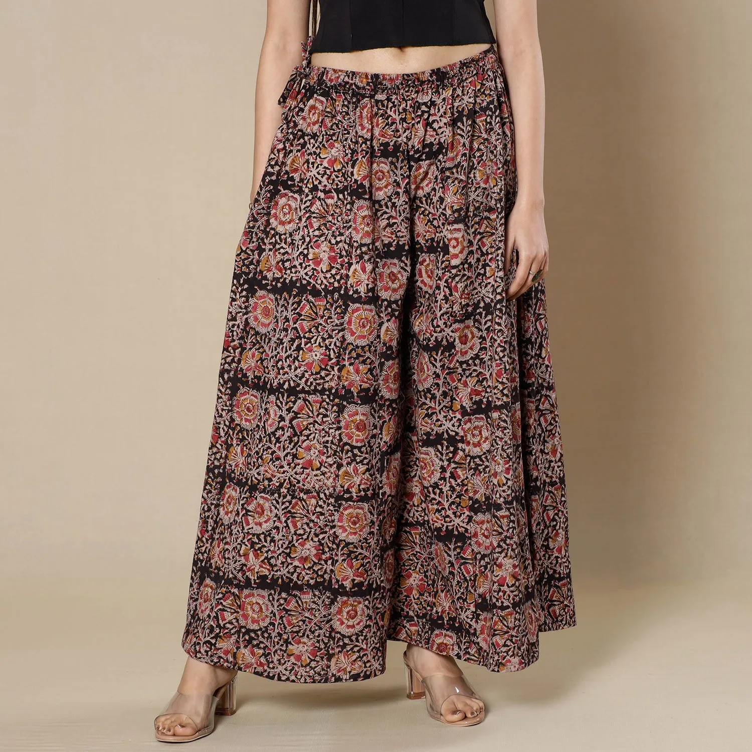 Black - Kalamkari Block Printing Cotton Flared Palazzo