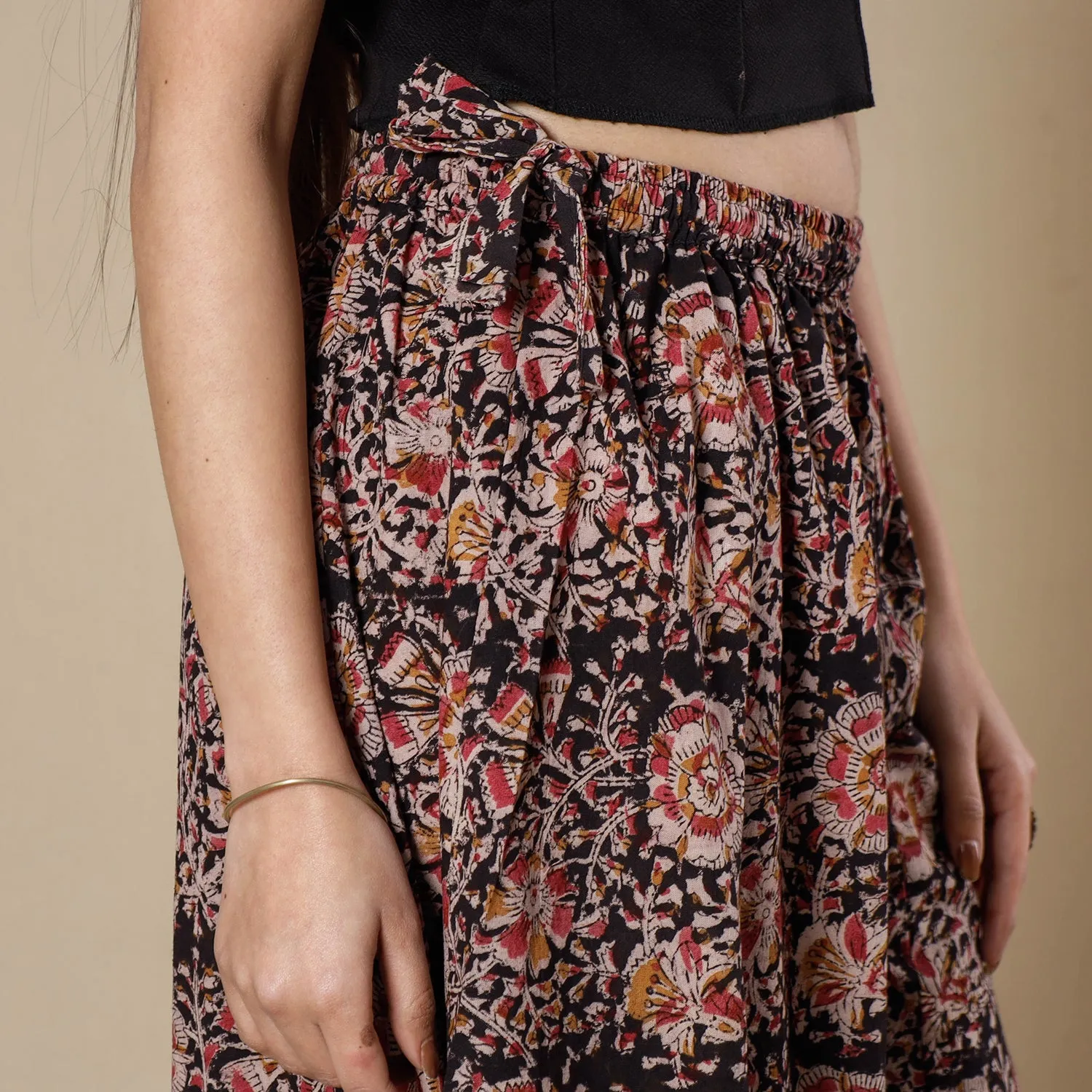Black - Kalamkari Block Printing Cotton Flared Palazzo