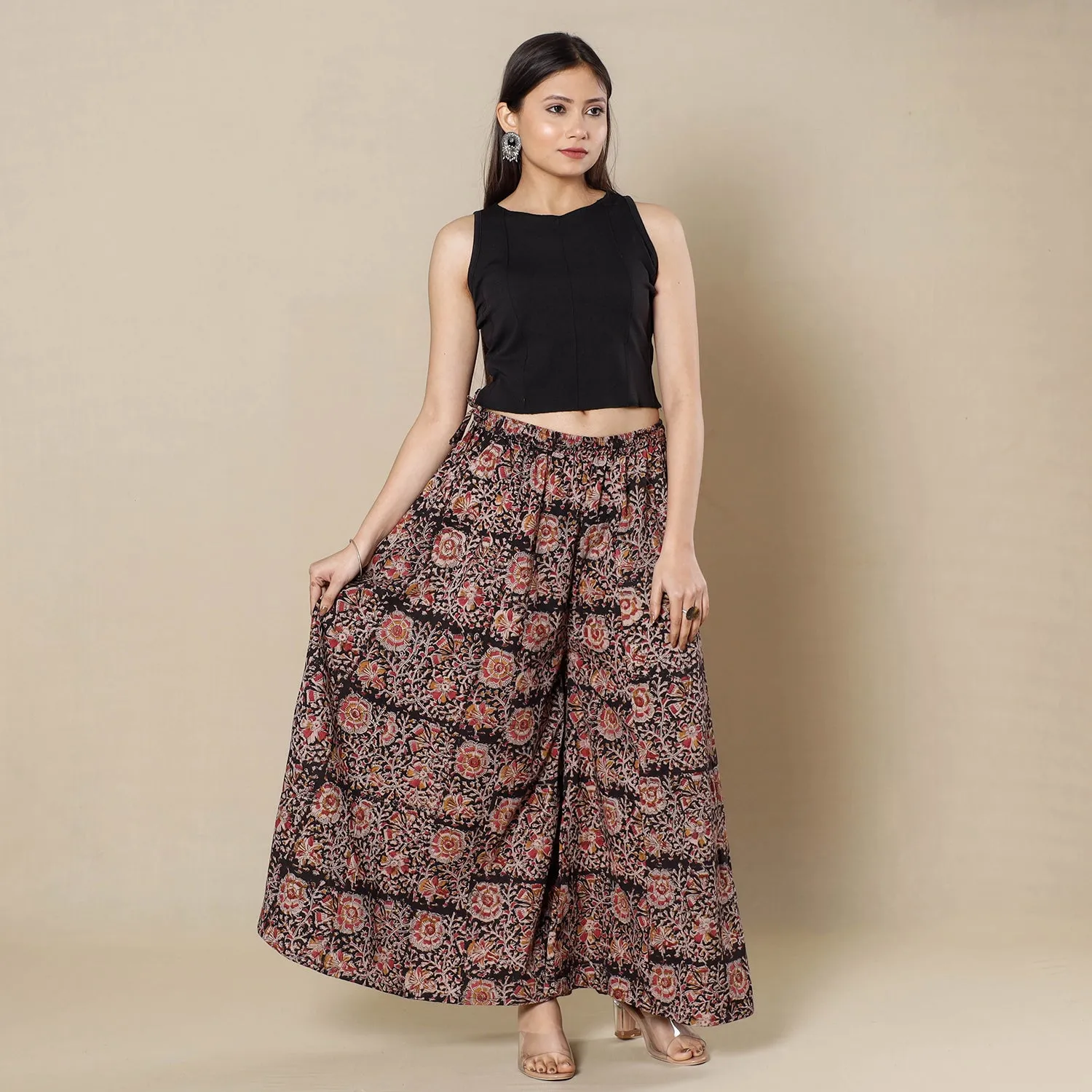 Black - Kalamkari Block Printing Cotton Flared Palazzo