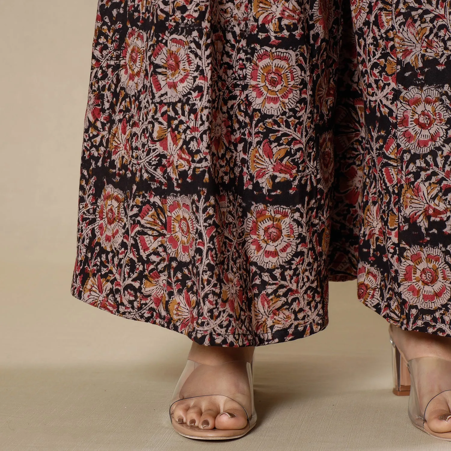 Black - Kalamkari Block Printing Cotton Flared Palazzo