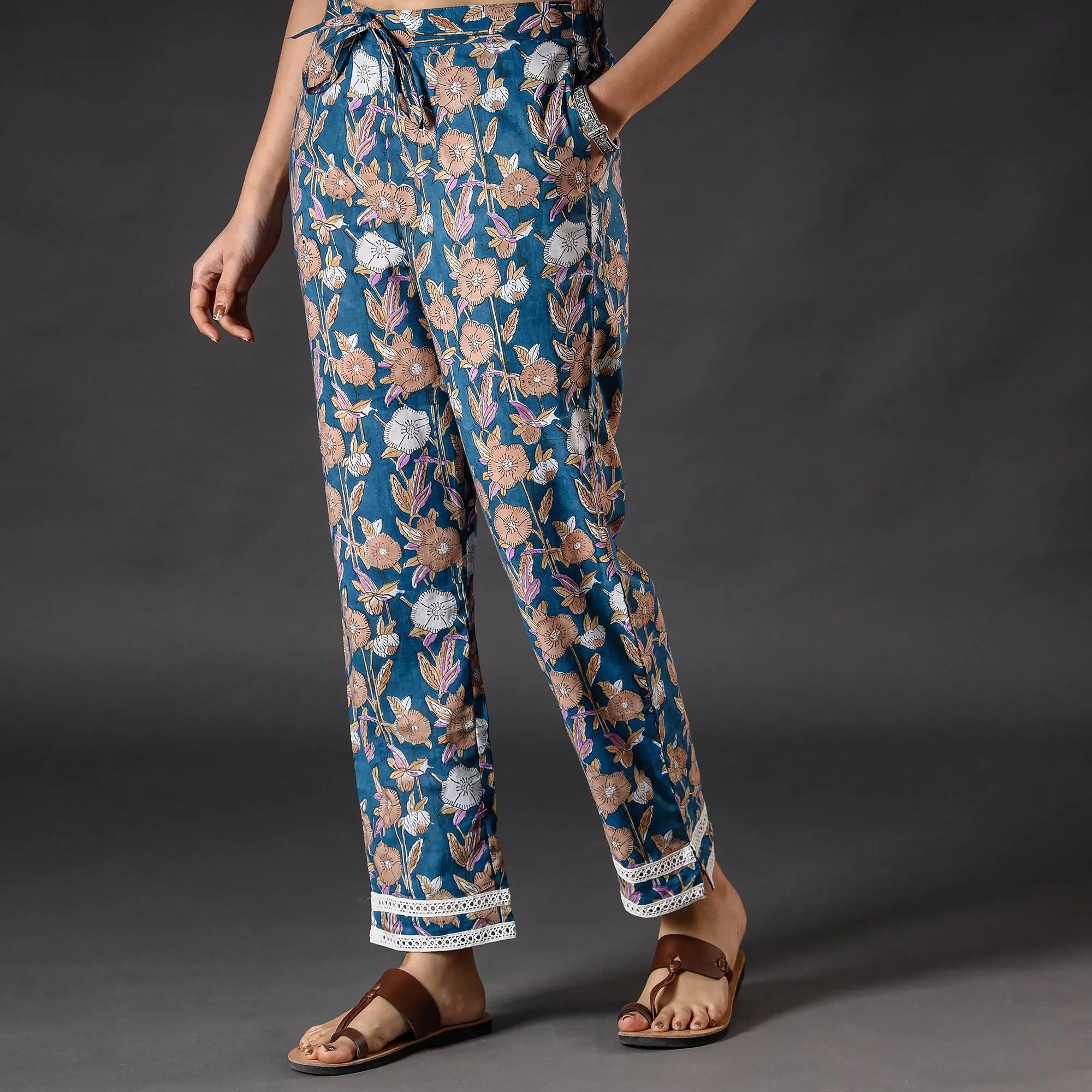 Blue - Sanganeri Block Printed Cotton Pant