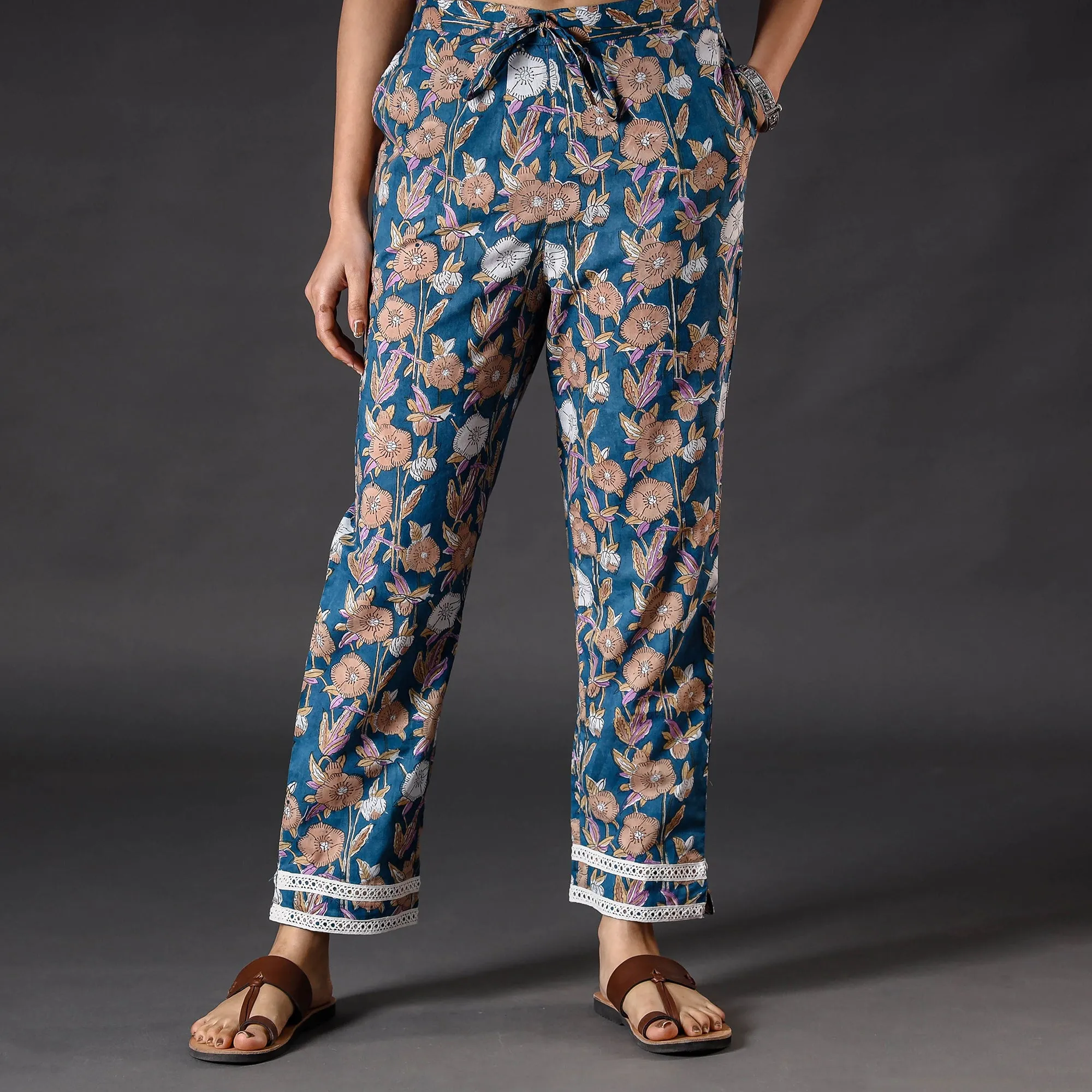 Blue - Sanganeri Block Printed Cotton Pant