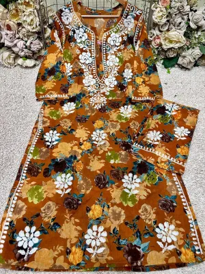 Brown Floral Printed Mulmul Chikankari Palazzo Set