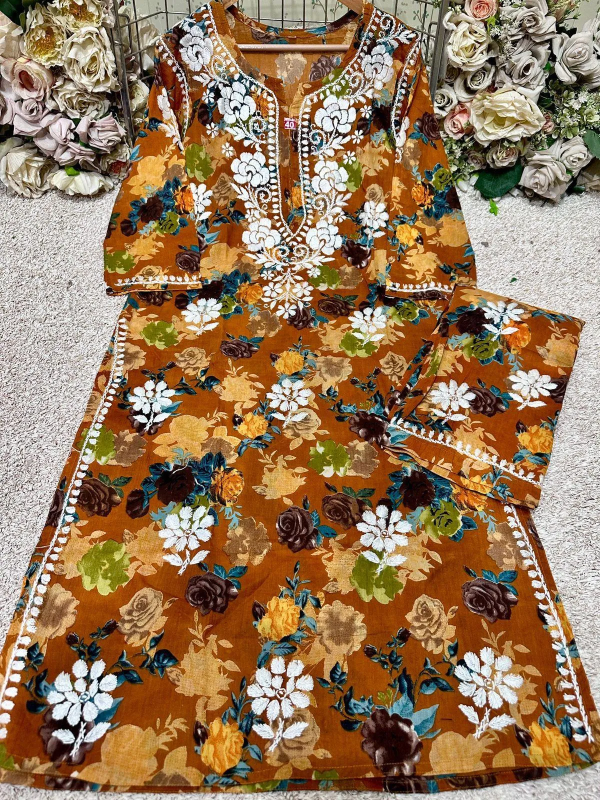 Brown Floral Printed Mulmul Chikankari Palazzo Set