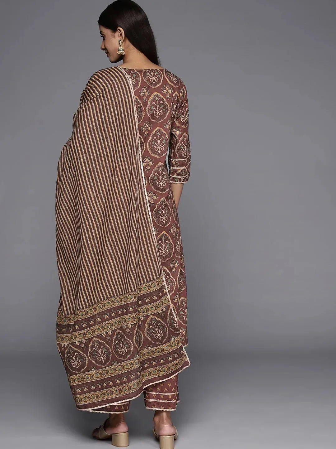 Brown Printed Cotton Straight Suit With Dupatta