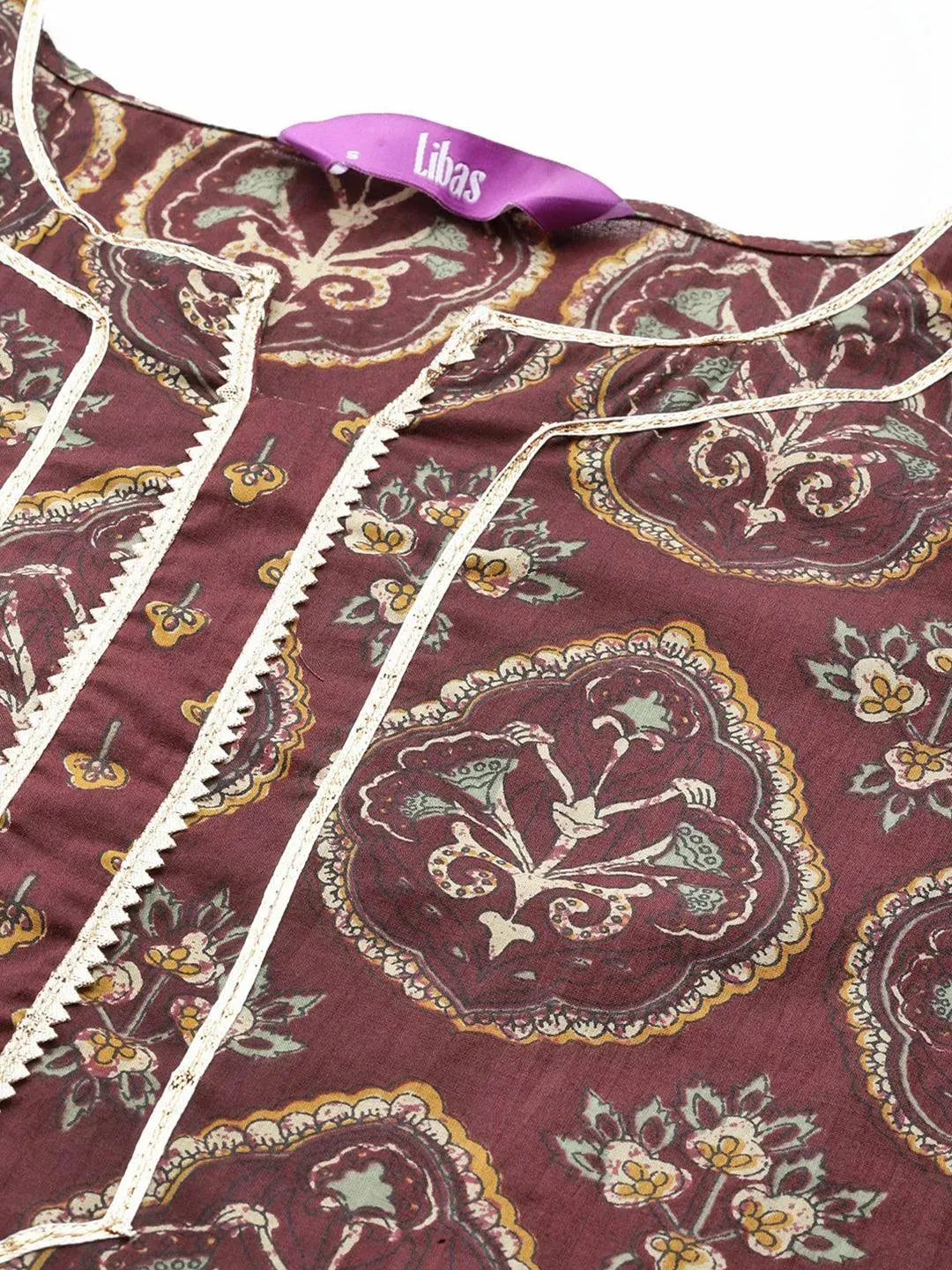 Brown Printed Cotton Straight Suit With Dupatta