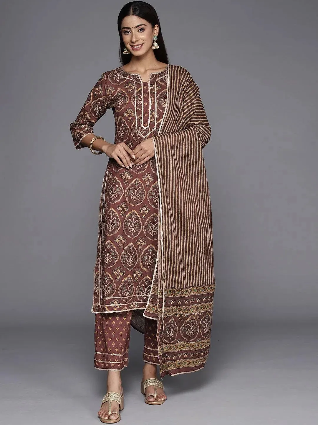 Brown Printed Cotton Straight Suit With Dupatta