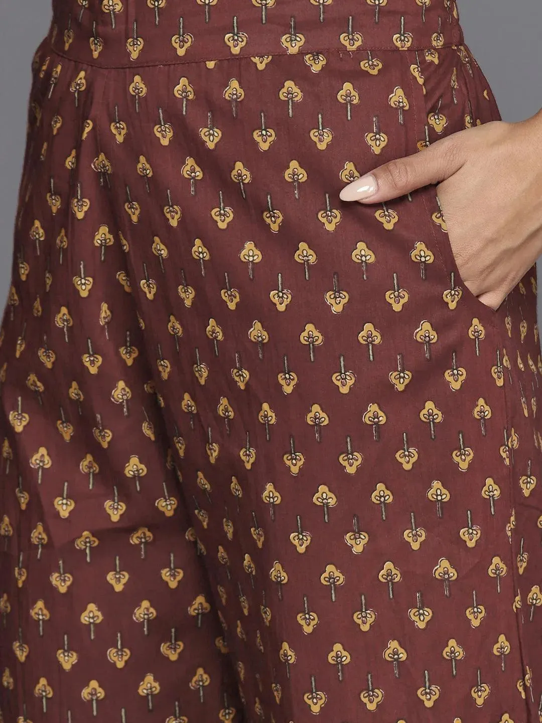 Brown Printed Cotton Straight Suit With Dupatta