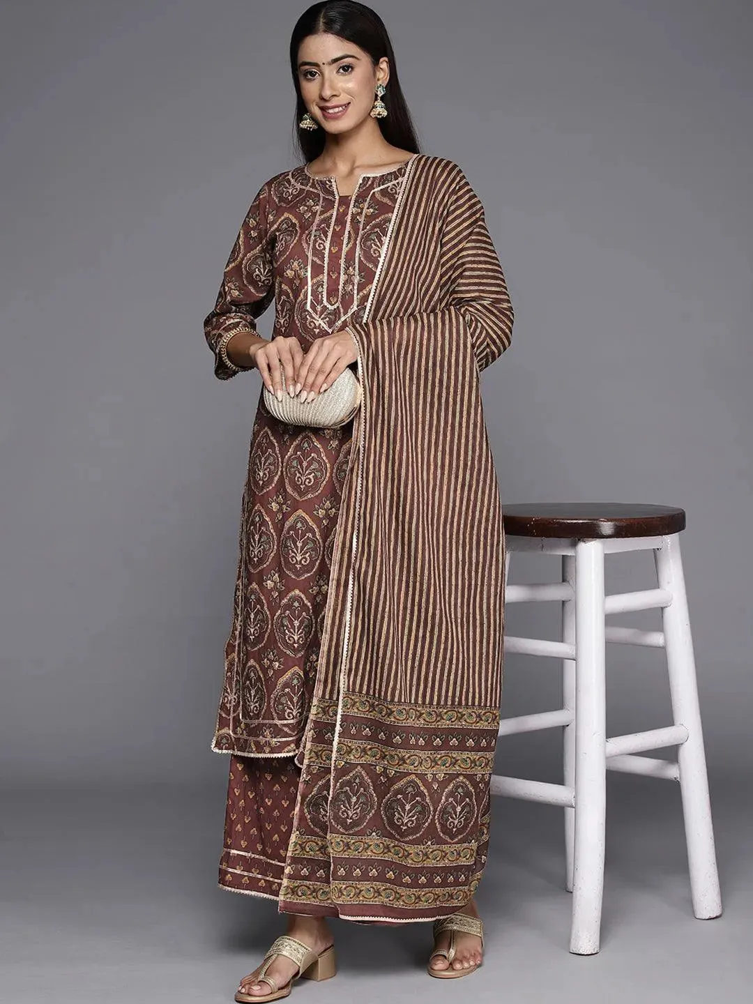 Brown Printed Cotton Straight Suit With Dupatta