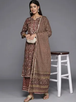 Brown Printed Cotton Straight Suit With Dupatta