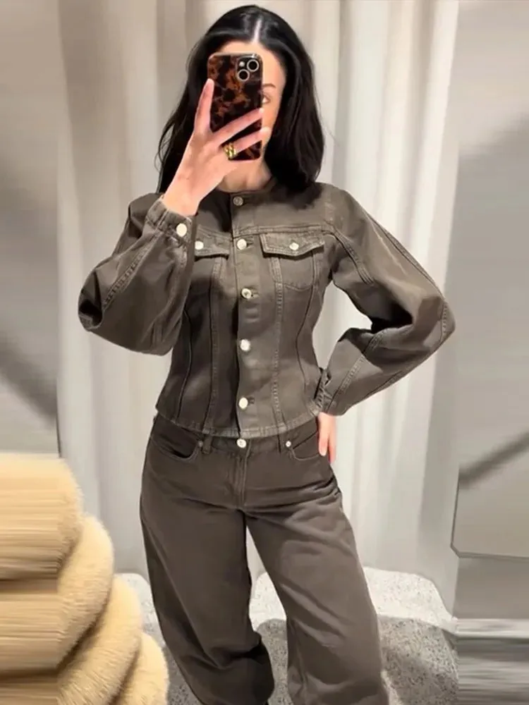 Denim Jacket and High Waist Trousers Set