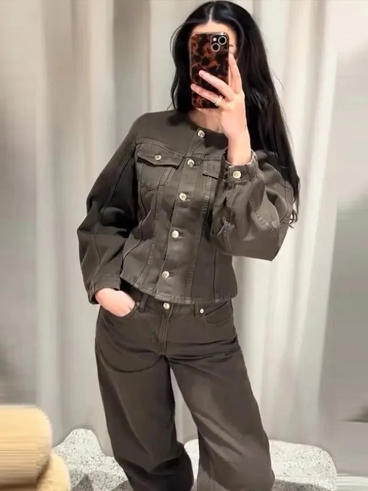 Denim Jacket and High Waist Trousers Set