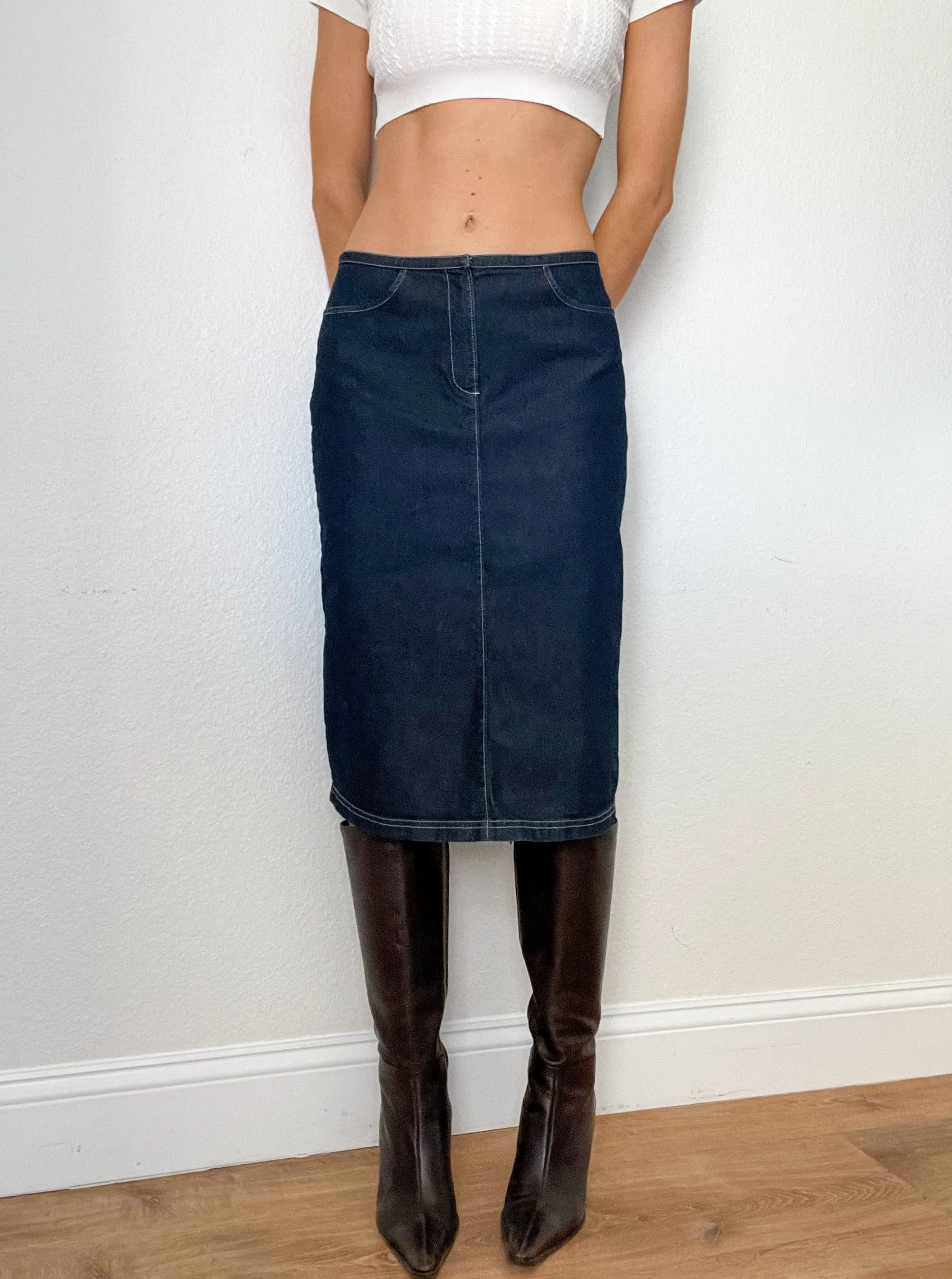 Denim Low Rise Y2K Midi Skirt (S)