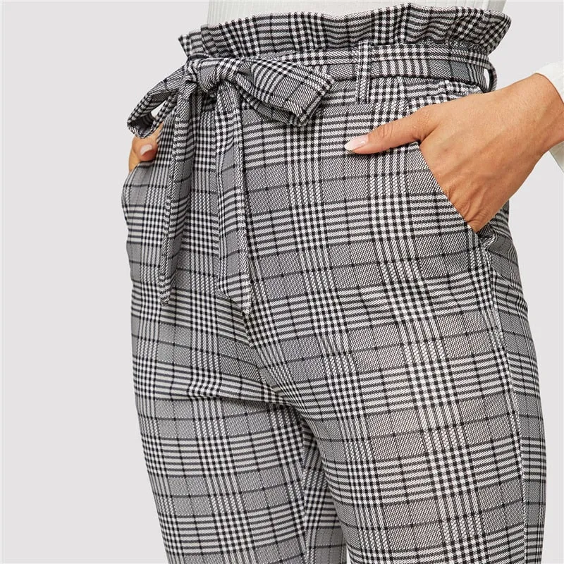 Elegant Grey High Waist Cigarette Pants Trousers With Belt Office Work Long For Women'S
