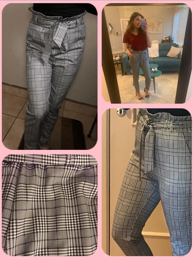 Elegant Grey High Waist Cigarette Pants Trousers With Belt Office Work Long For Women'S