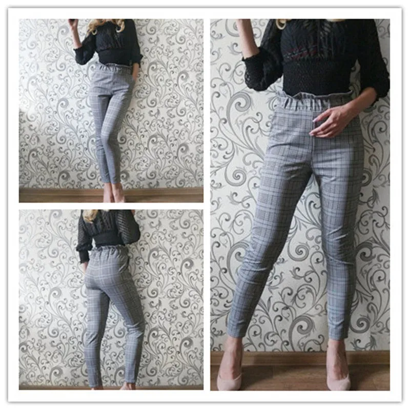 Elegant Grey High Waist Cigarette Pants Trousers With Belt Office Work Long For Women'S
