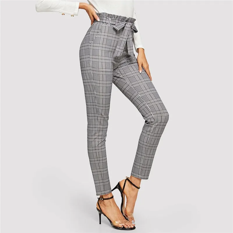 Elegant Grey High Waist Cigarette Pants Trousers With Belt Office Work Long For Women'S