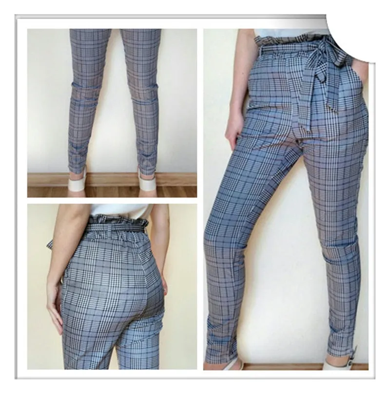 Elegant Grey High Waist Cigarette Pants Trousers With Belt Office Work Long For Women'S