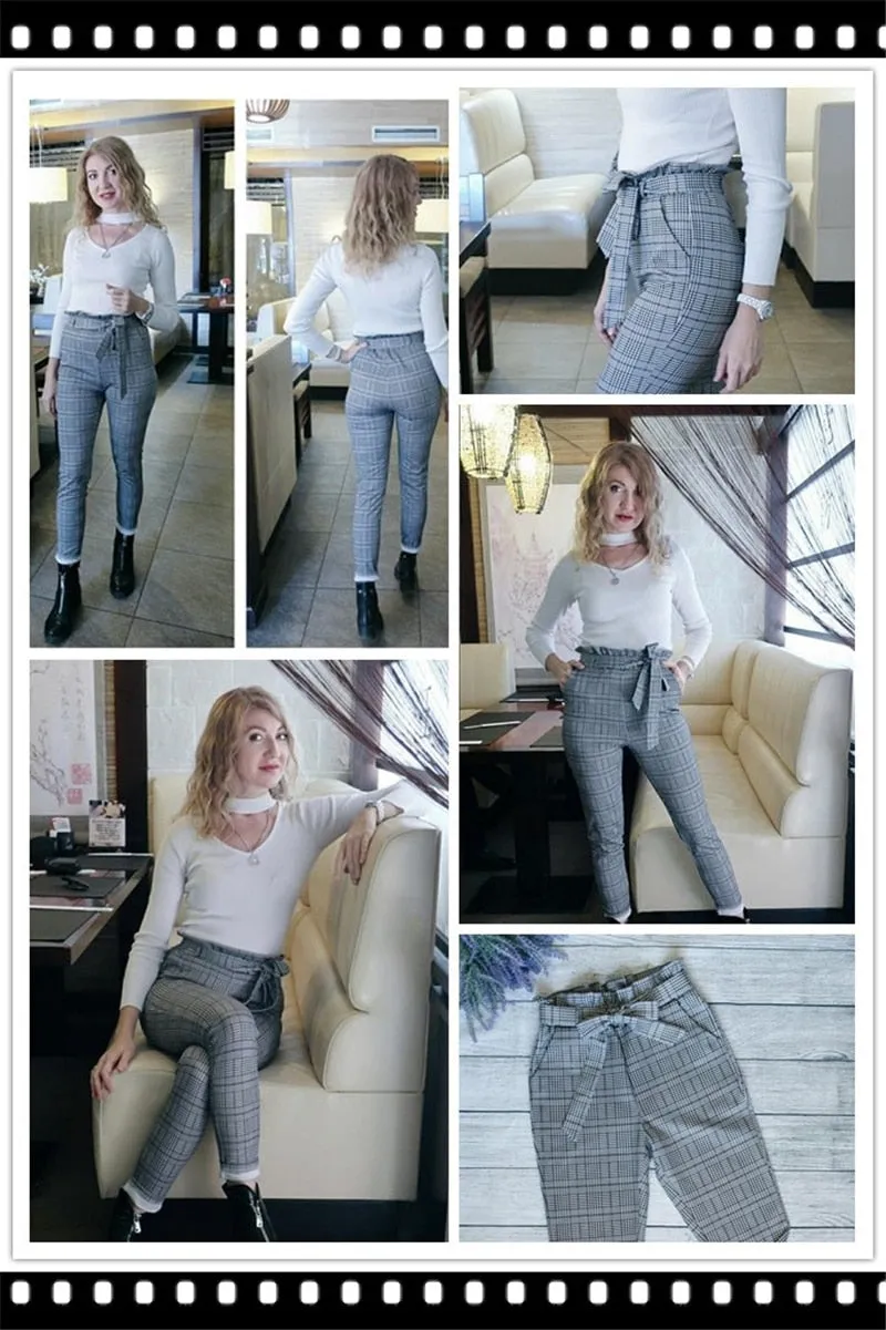 Elegant Grey High Waist Cigarette Pants Trousers With Belt Office Work Long For Women'S