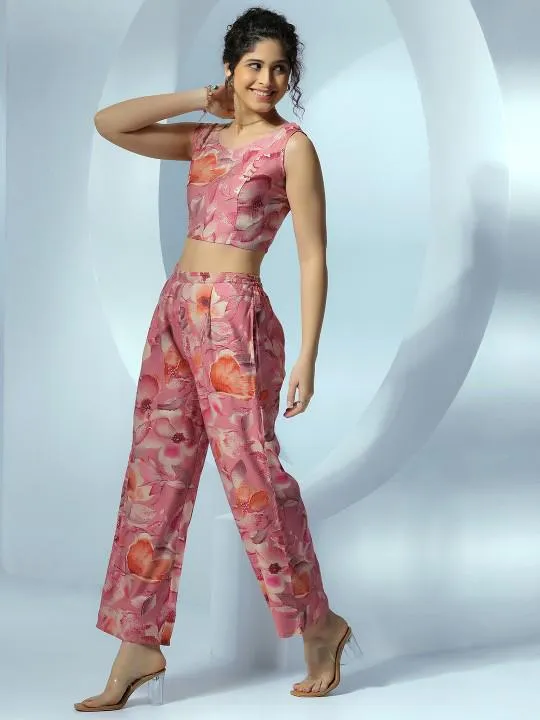 Floral Crop Top With Palazzo and Shrug Coord Set