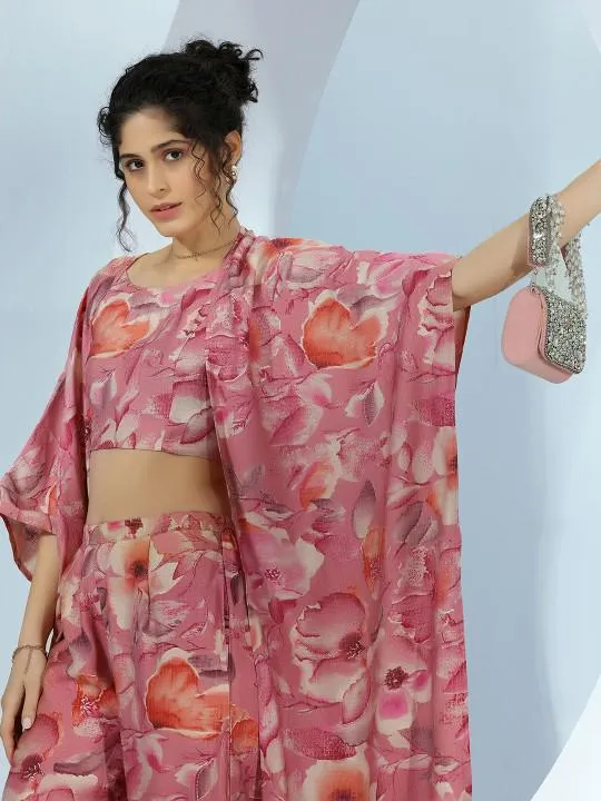 Floral Crop Top With Palazzo and Shrug Coord Set