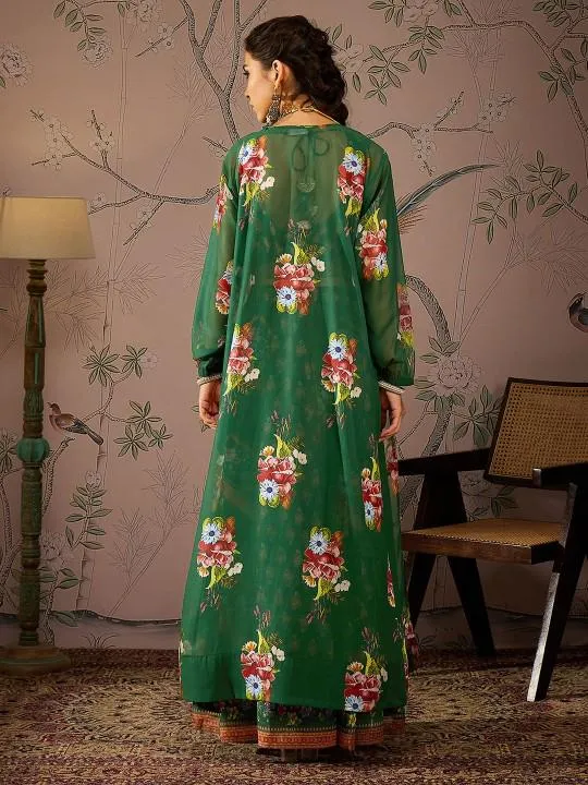 Floral Printed Crop Top With Anarkali Skirt & Shrug Set | Lehenga Choli
