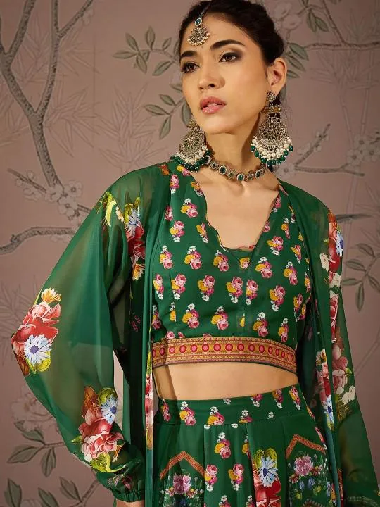 Floral Printed Crop Top With Anarkali Skirt & Shrug Set | Lehenga Choli