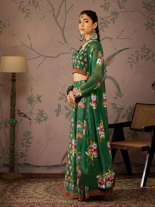 Floral Printed Crop Top With Anarkali Skirt & Shrug Set | Lehenga Choli