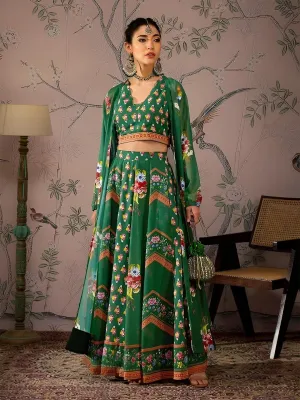 Floral Printed Crop Top With Anarkali Skirt & Shrug Set | Lehenga Choli