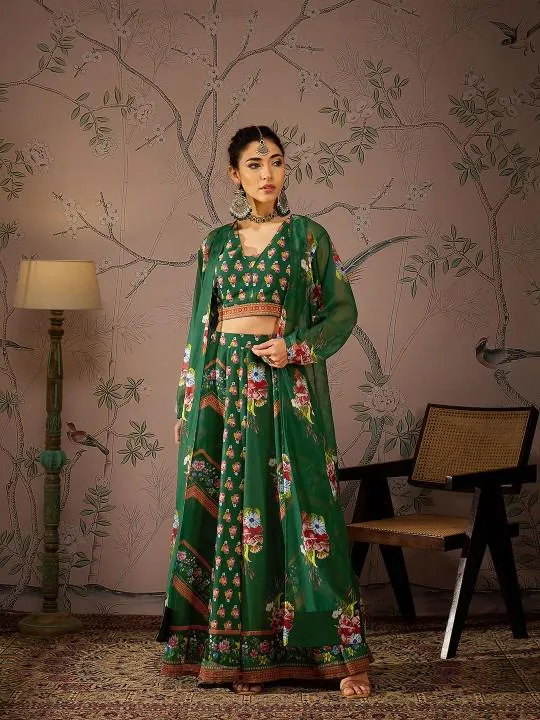 Floral Printed Crop Top With Anarkali Skirt & Shrug Set | Lehenga Choli